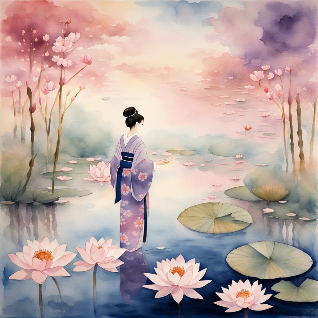 Geisha on Lotus Pond in Japanese Watercolor