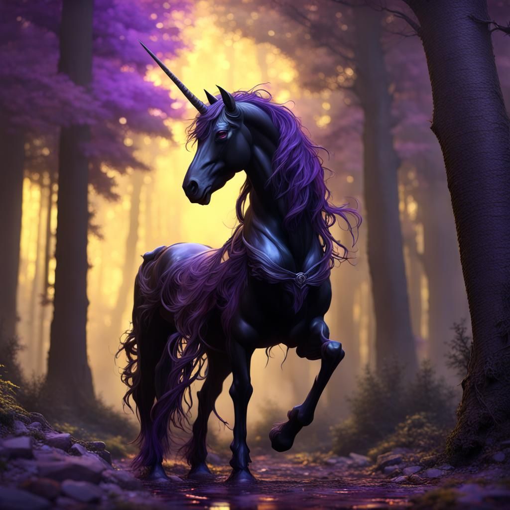 Black Unicorn in Forest: Dark Fantasy Art