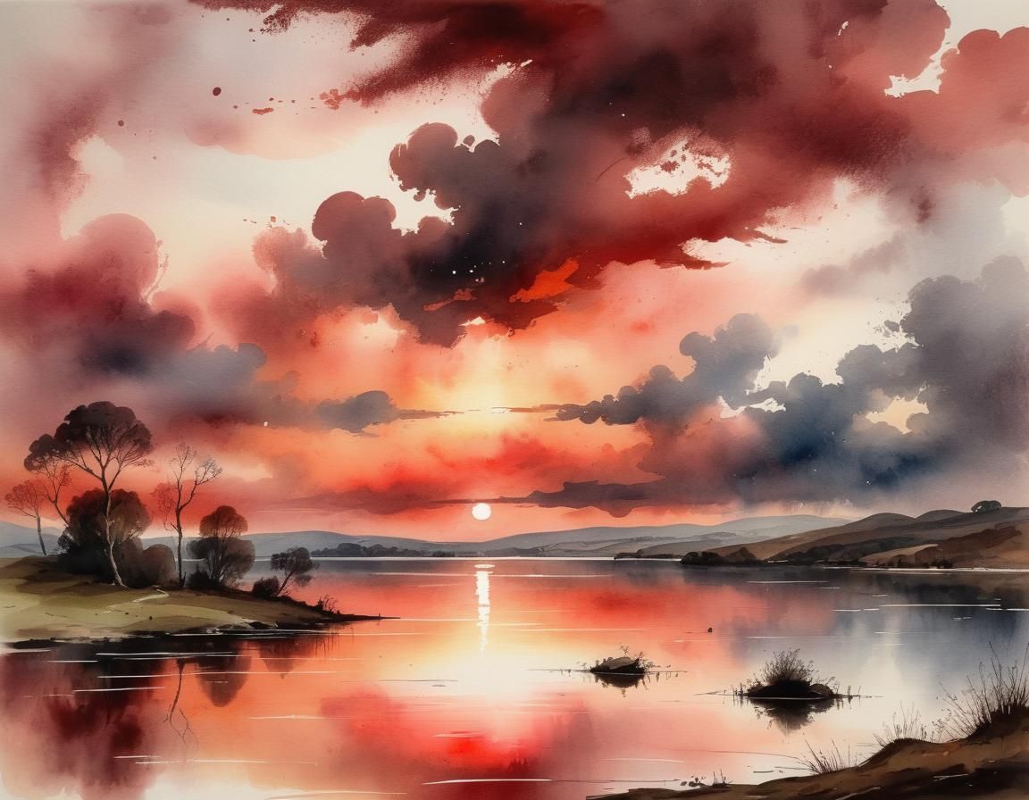 Ethereal Landscape Watercolour Painting at Sunset