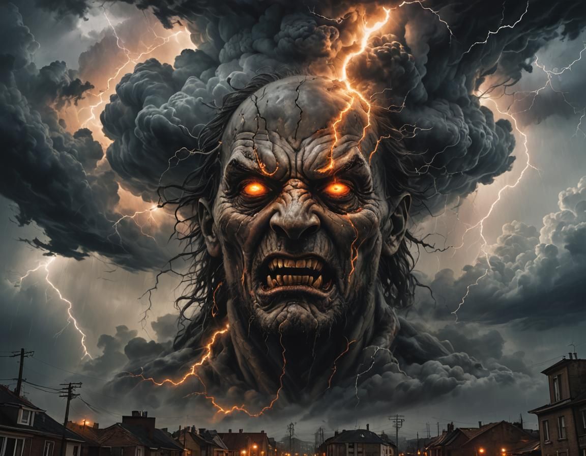 Gothic Storm Giant Destroys Earth in Apocalyptic Painting