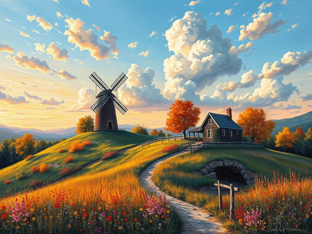 Autumn Windmill Landscape in Neo-Impressionist Style