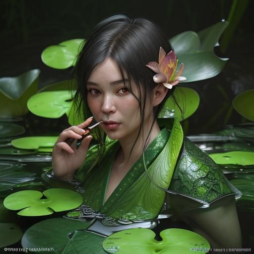 kappa yokai smoking pipe along side of frog on lily pad lilies blooming fall red maple trees primordial swamp