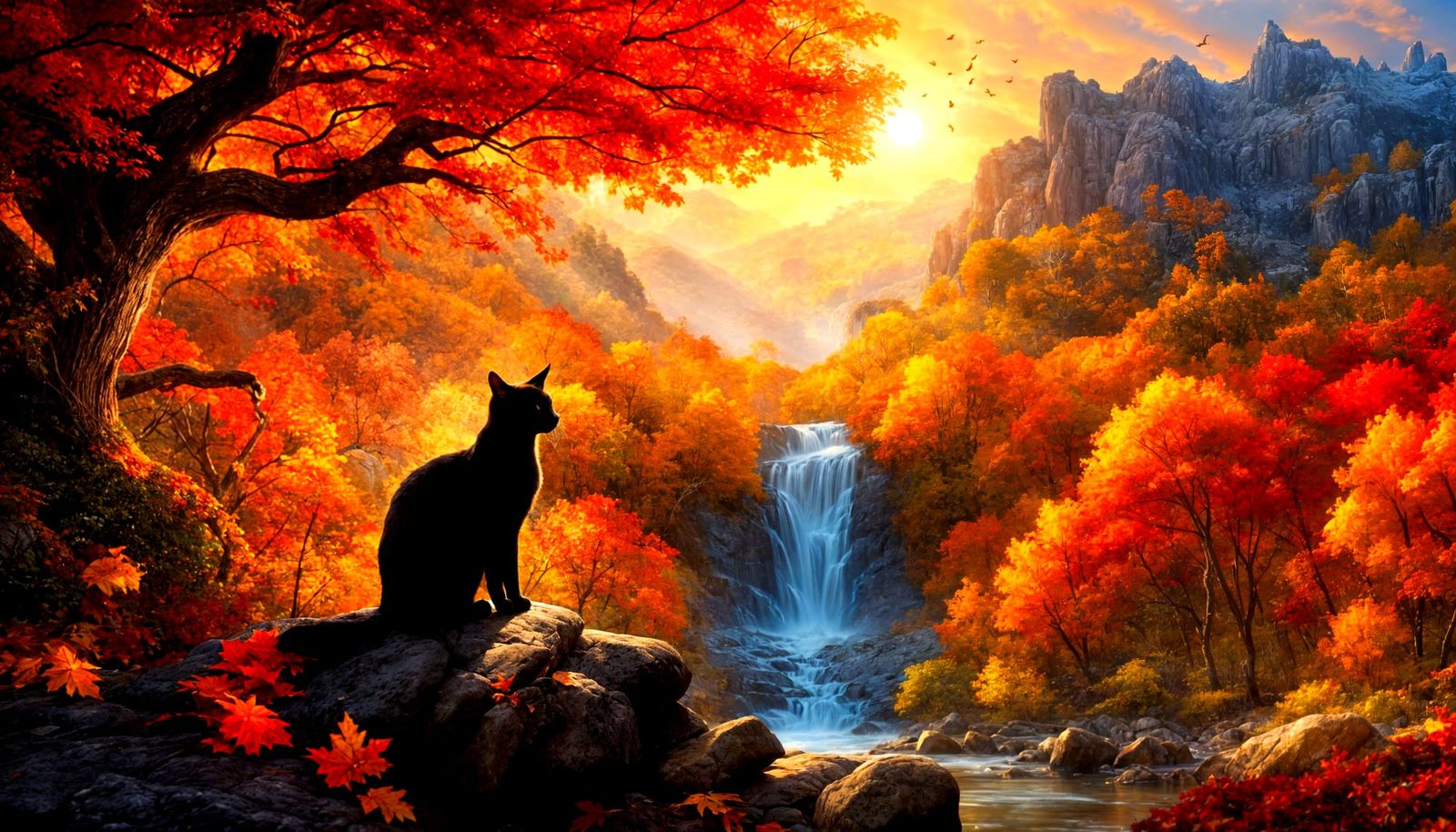 Black Cat Watches Breathtaking Waterfall in Autumn Forest