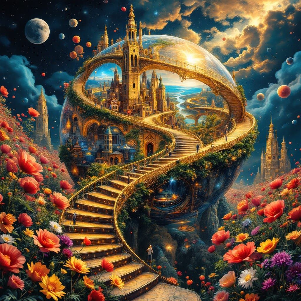 Cosmic Cityscape with Golden Roads and Shimmering Valleys