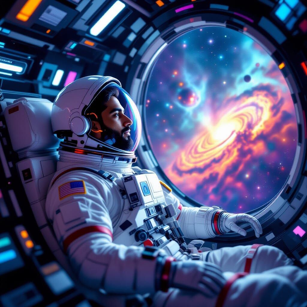 Astronaut in Futuristic Spaceship Views Nebula