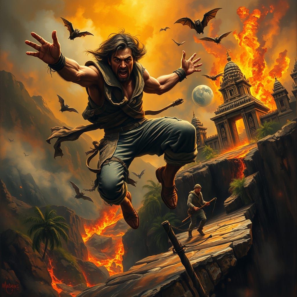 Adventurer's Leap: Epic Oil Painting of Escape