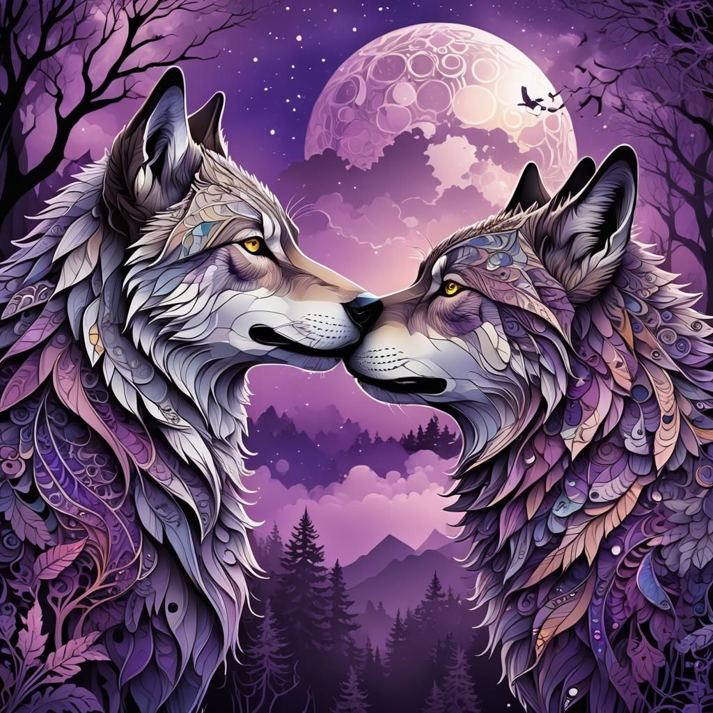 A male wolf and a female wolf kissing under a purple sky. An...