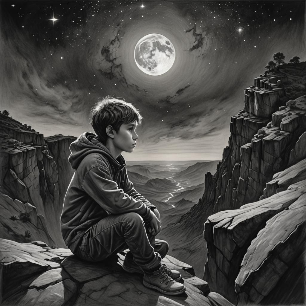 Boy Gazing at Moon in Charcoal Drawing