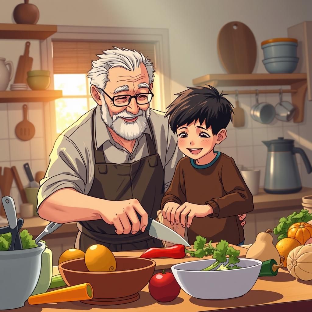Grandfather and Grandson Cooking in Manga Style