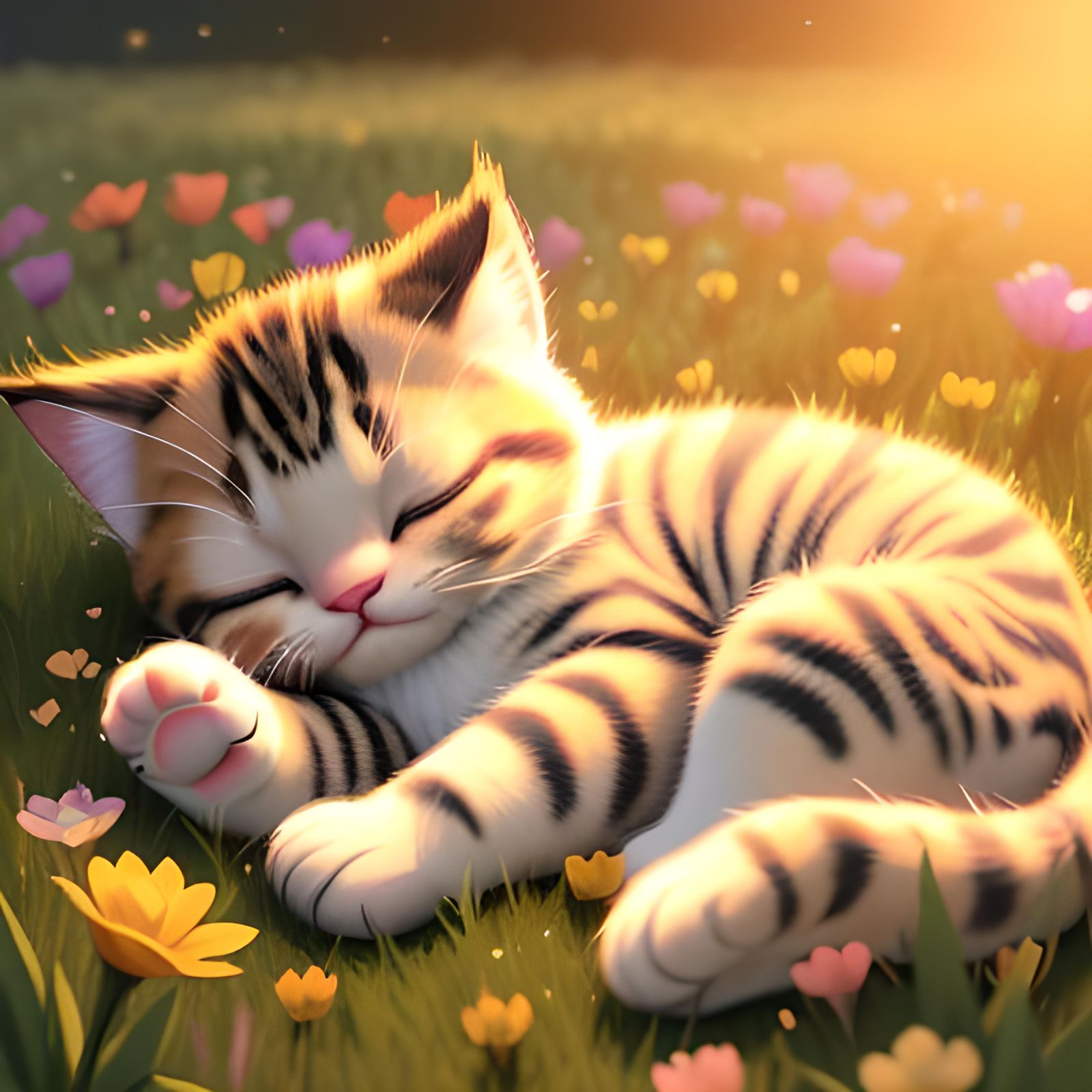 Sleeping Kitten in Flower Field: Digital Art