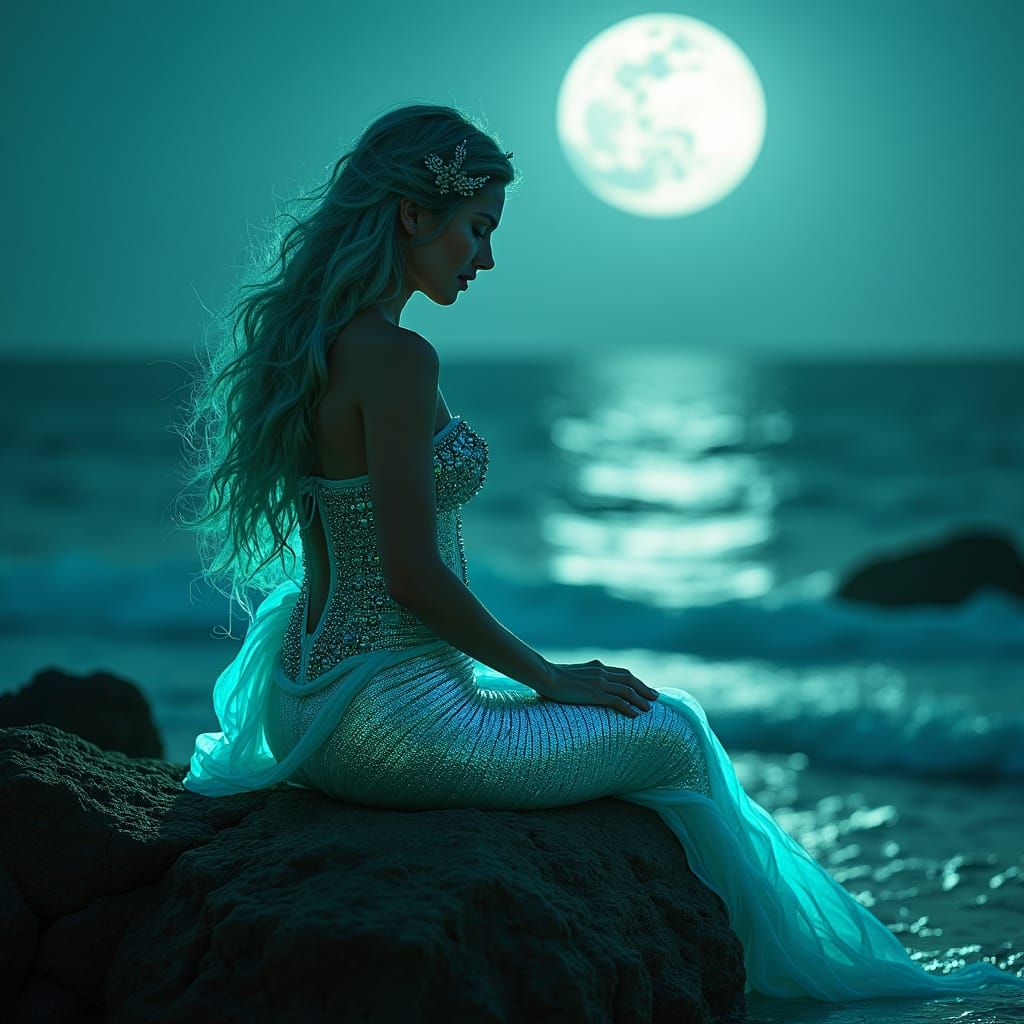 Ethereal Cyber Mermaid in Moonlit Ocean