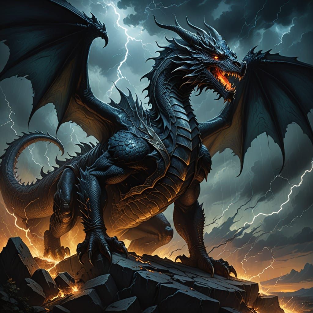 Obsidian Dragon in a Stormy Skies
