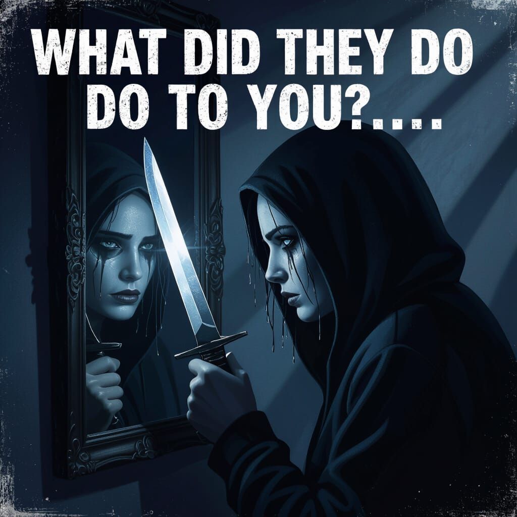 Shadowy Figure with Blade Gazes Into Mirror