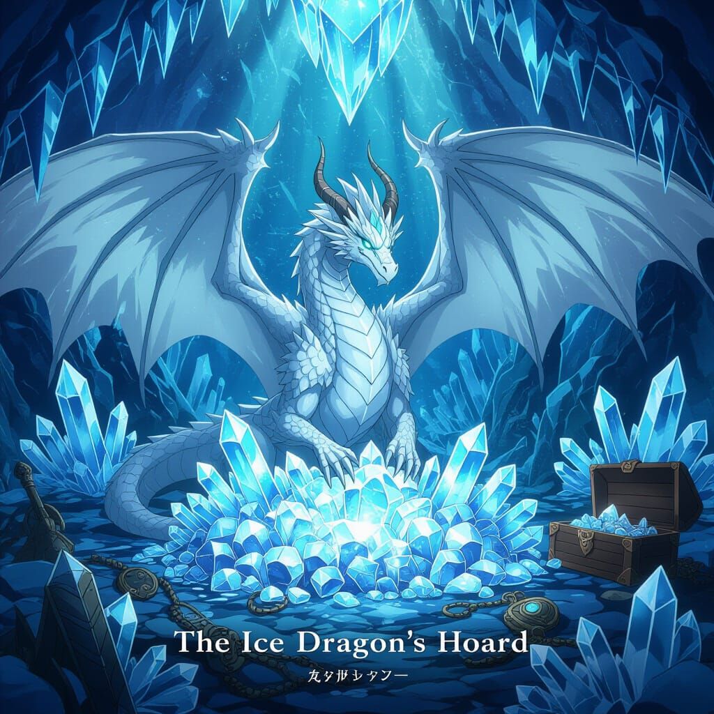 Majestic Ice Dragon Unfurls Wings Over Crystal Hoard