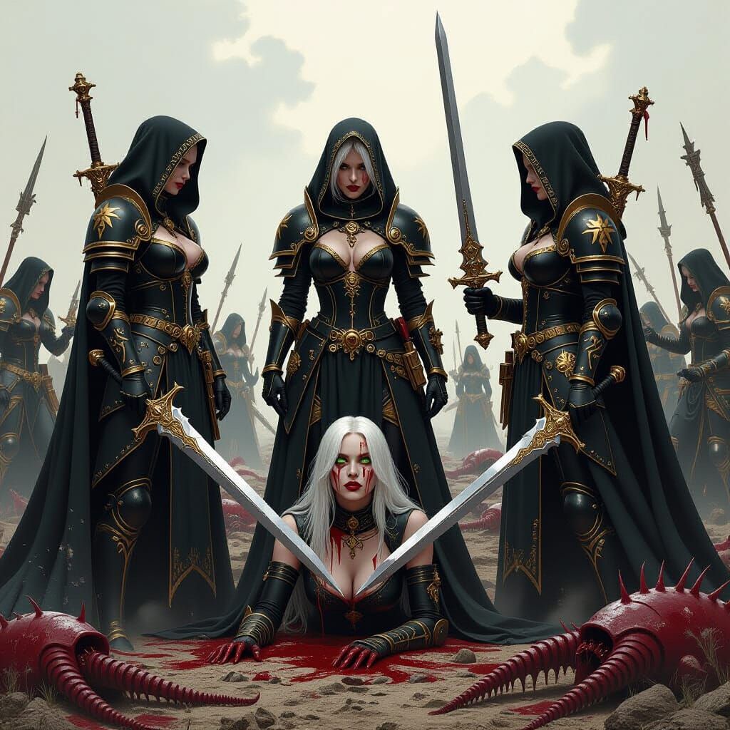 Adepta Sororitas Victory: Dark Sci-Fi Battle Scene