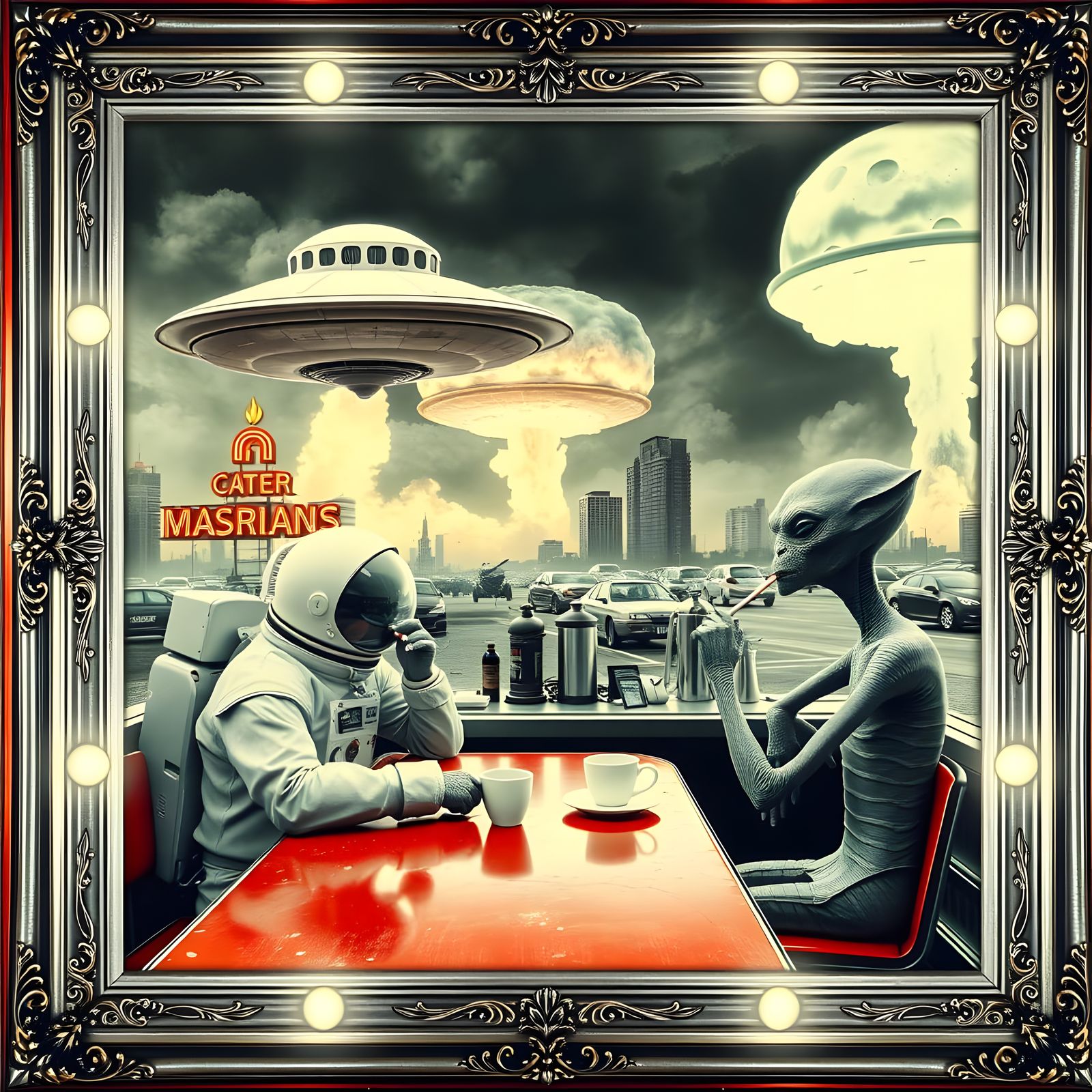Astronaut and Alien Diner Encounter in Steampunk Style