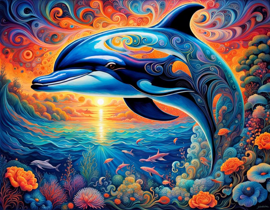 Psychedelic Dolphin in Bioluminescent Sea