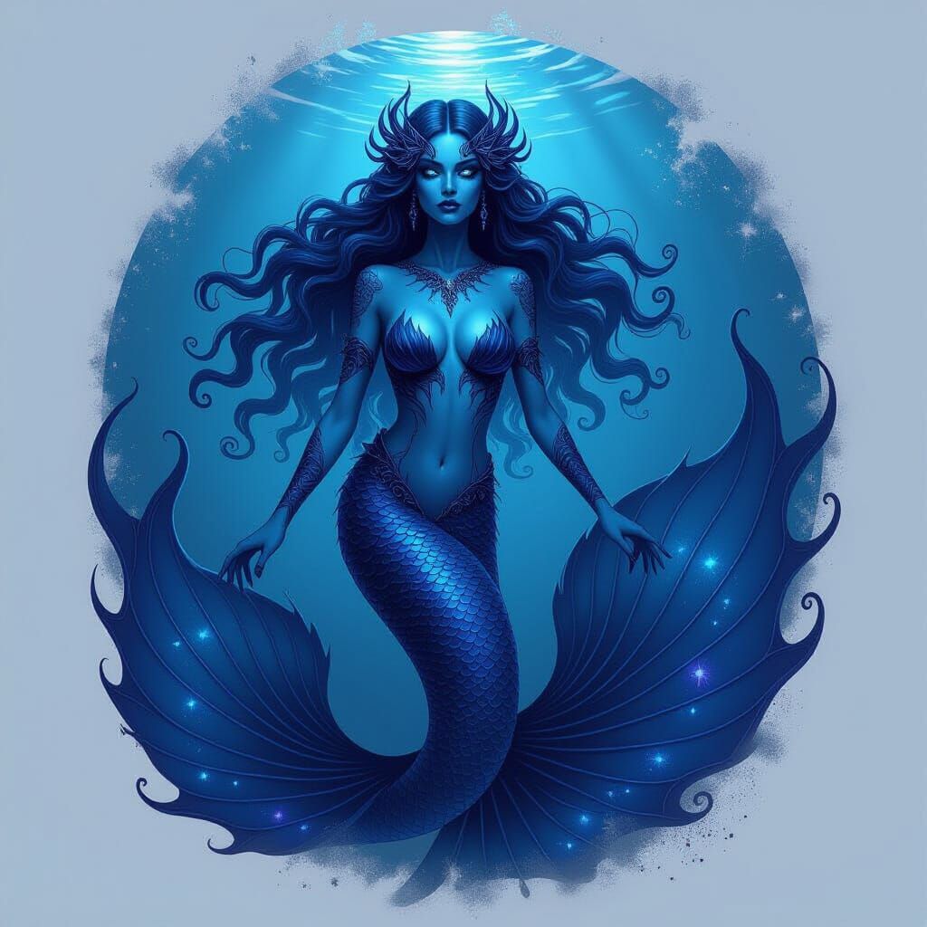 Menacing Indigo Mermaid in Dark Gothic Fantasy Abyss