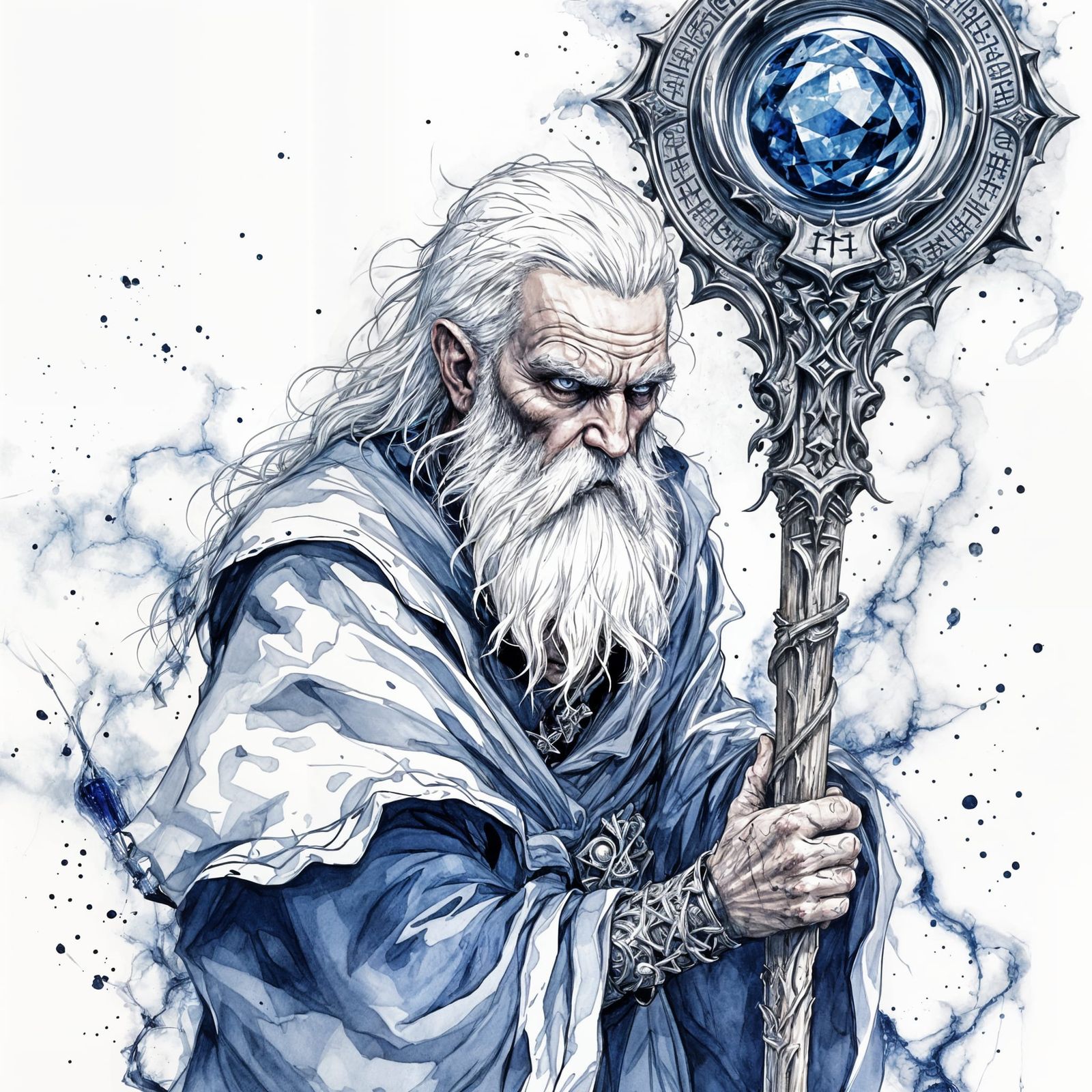 Wizard with Sapphire Staff in Ink Wash Style