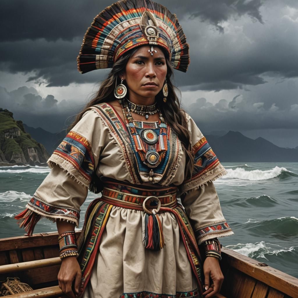 Peruvian Woman in Aztec Costume on Boat