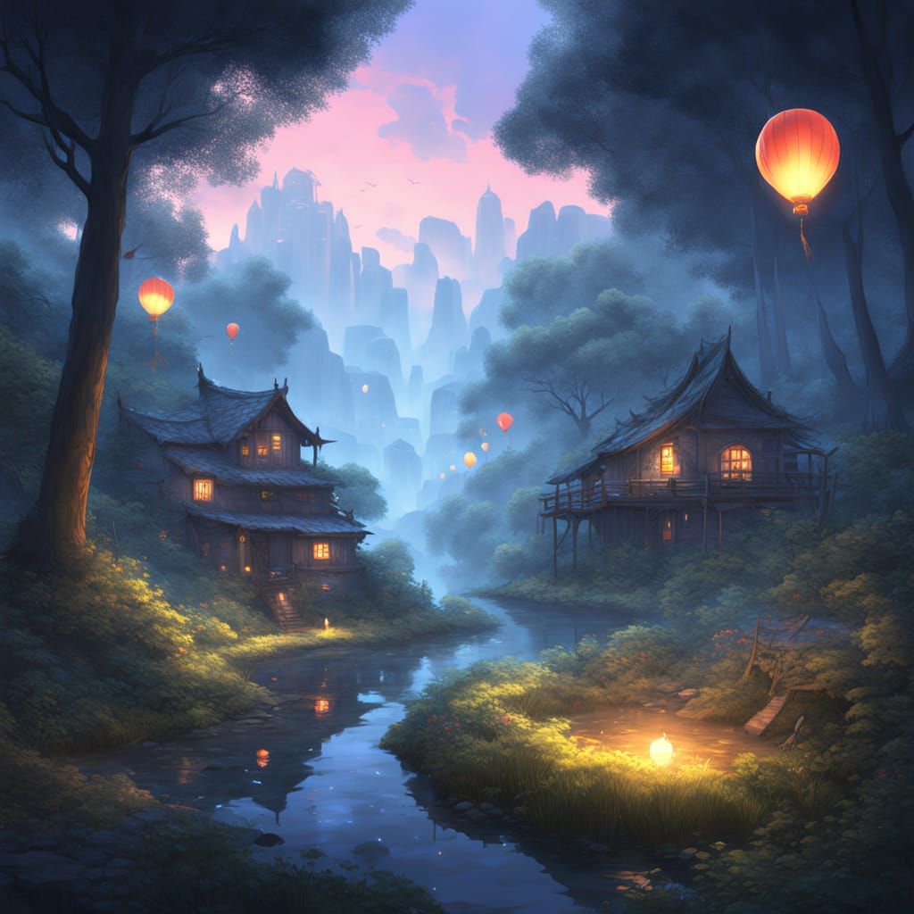 Soap Bubble Villages in Ethereal Forest Fantasy