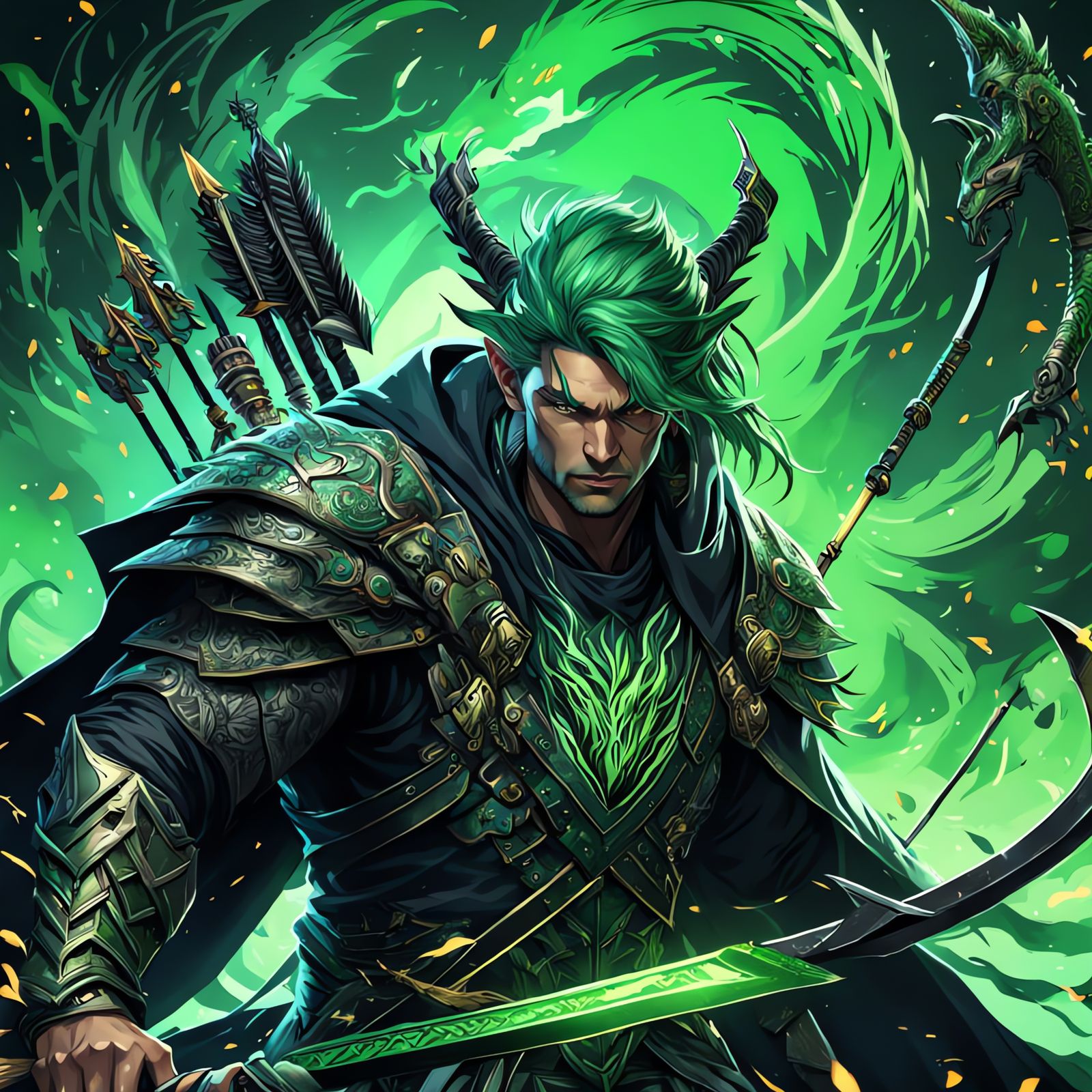 Mystical Green Warrior Riding a Dragon