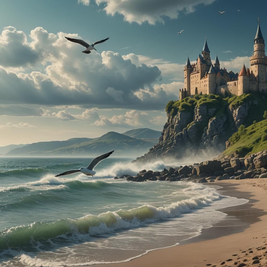 Klepatřina Beach: Turkish Castle in Digital Painting Style