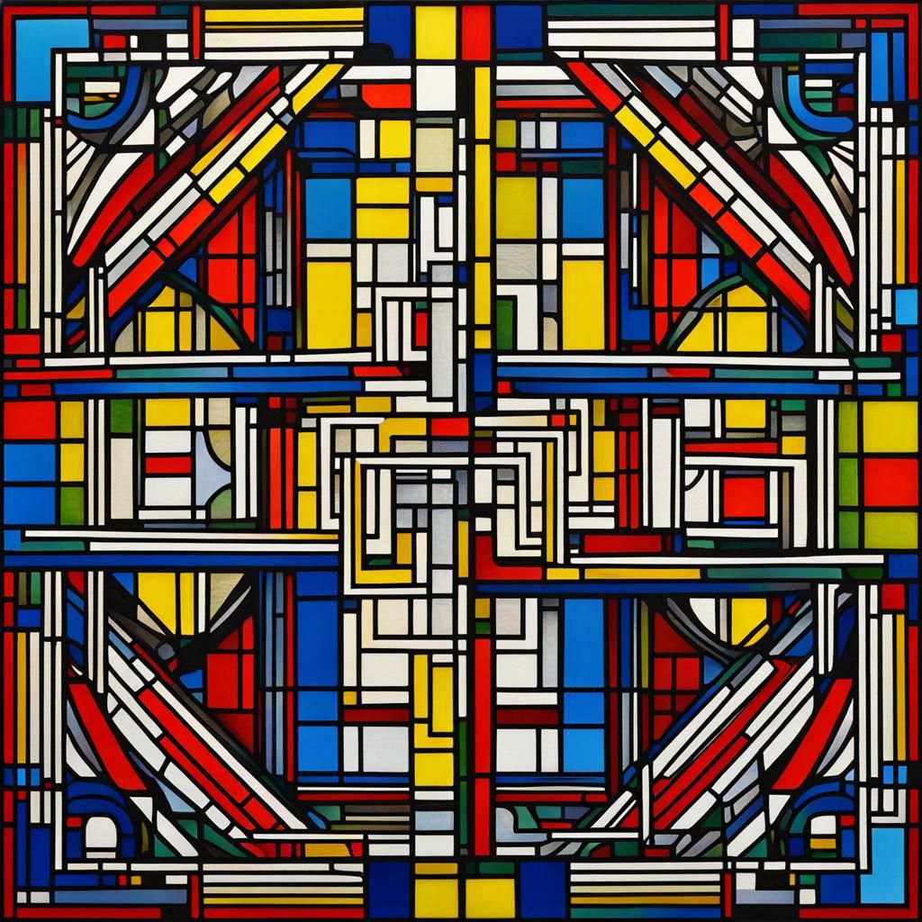 Fractal Stained Glass in Mondrian Linocut Style