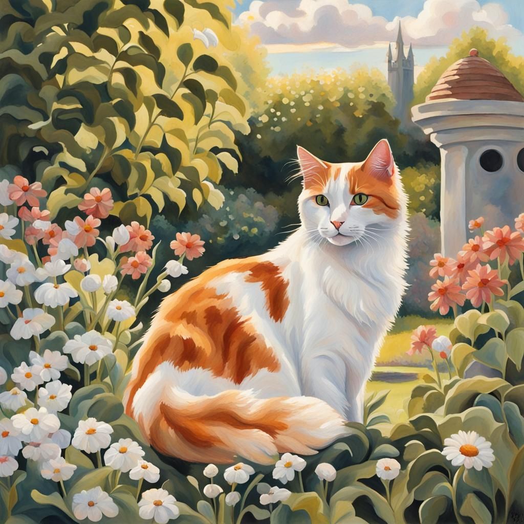 Turkish Van Cat in English Garden: Gouache Painting