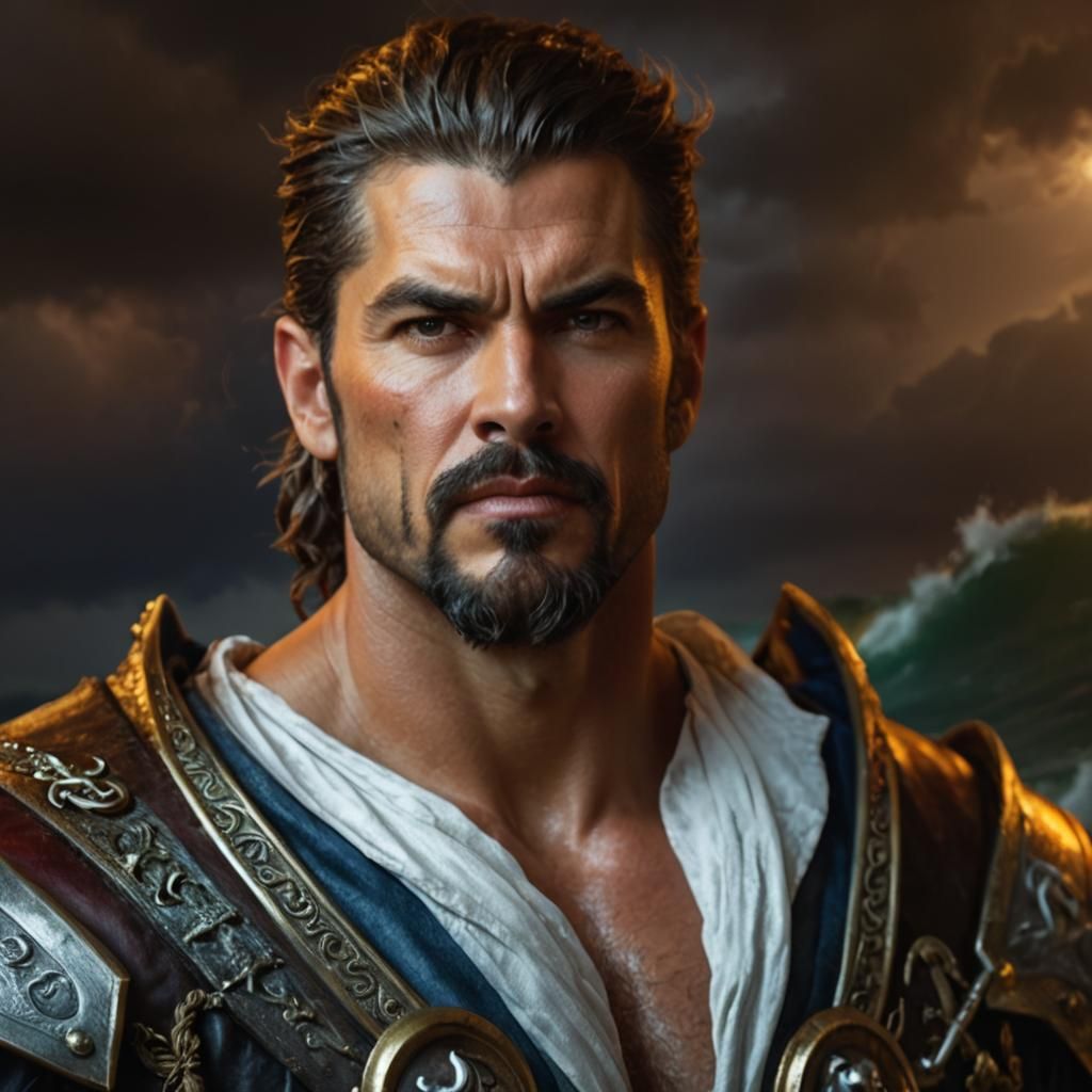 Pirate Warrior Portrait with Stormy Coastal View