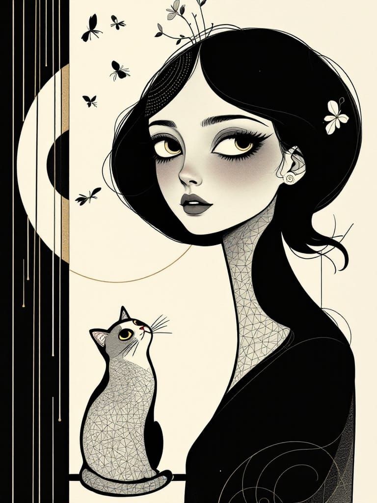 Melancholy Art Nouveau Woman and Cat Dreaming of Flight