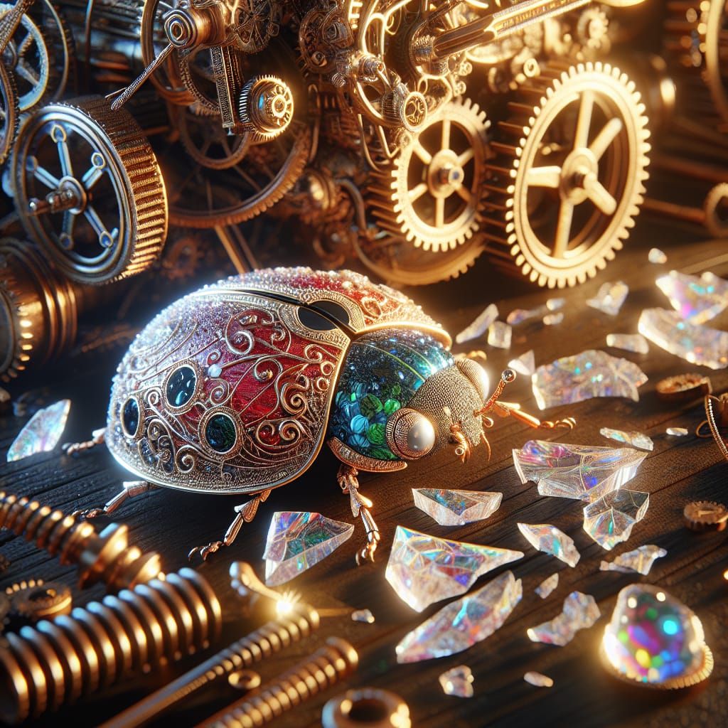 Shattered Crystal Ladybug with Steampunk Engine in Macro