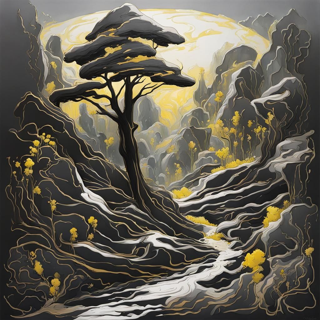 White Gold Gouache Line Art Abstract