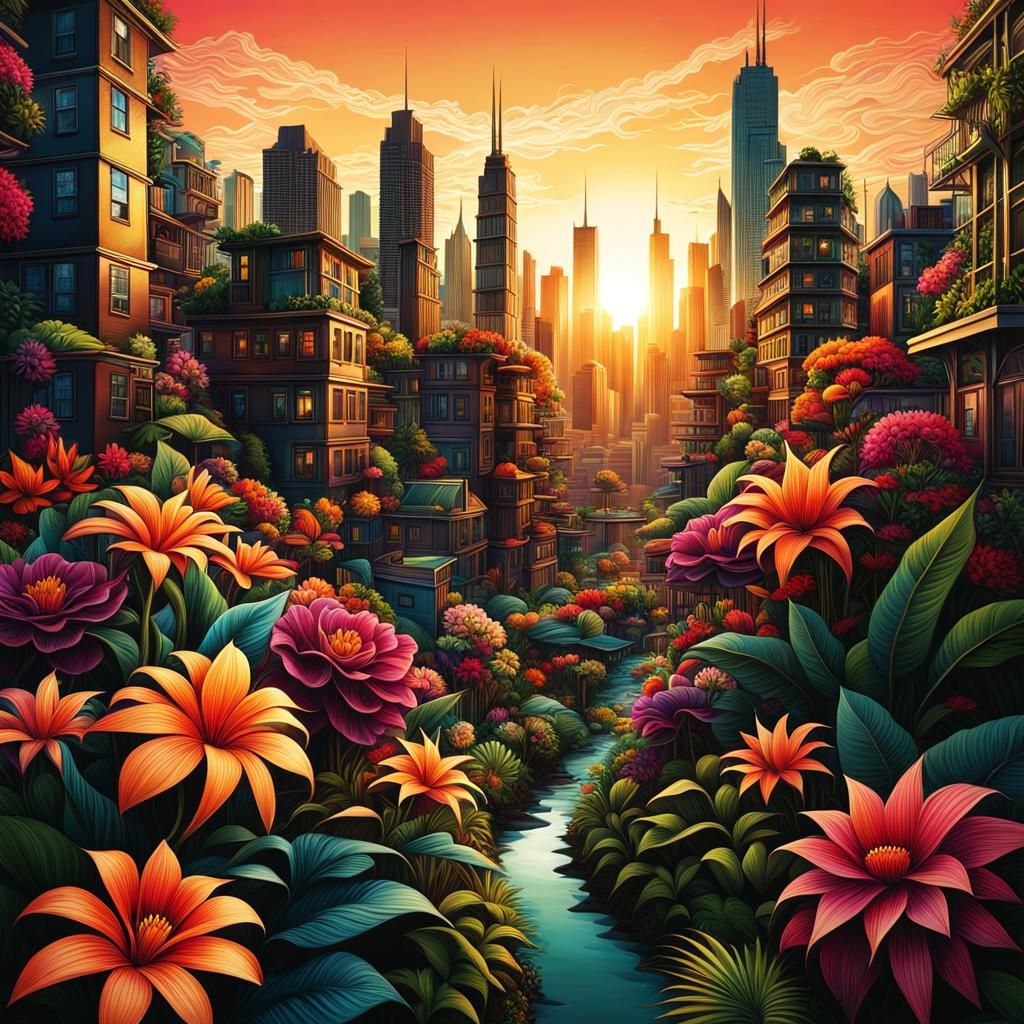 Vibrant Tropical Oasis in Gotham City's Urban Jungle