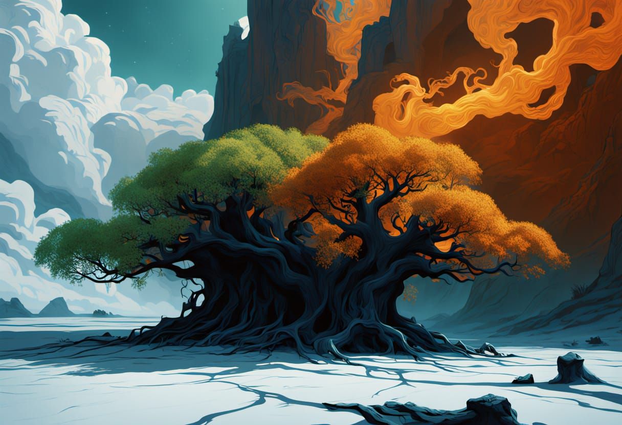 Ancient Tree in Ethereal Vortex of Golden Hour Light