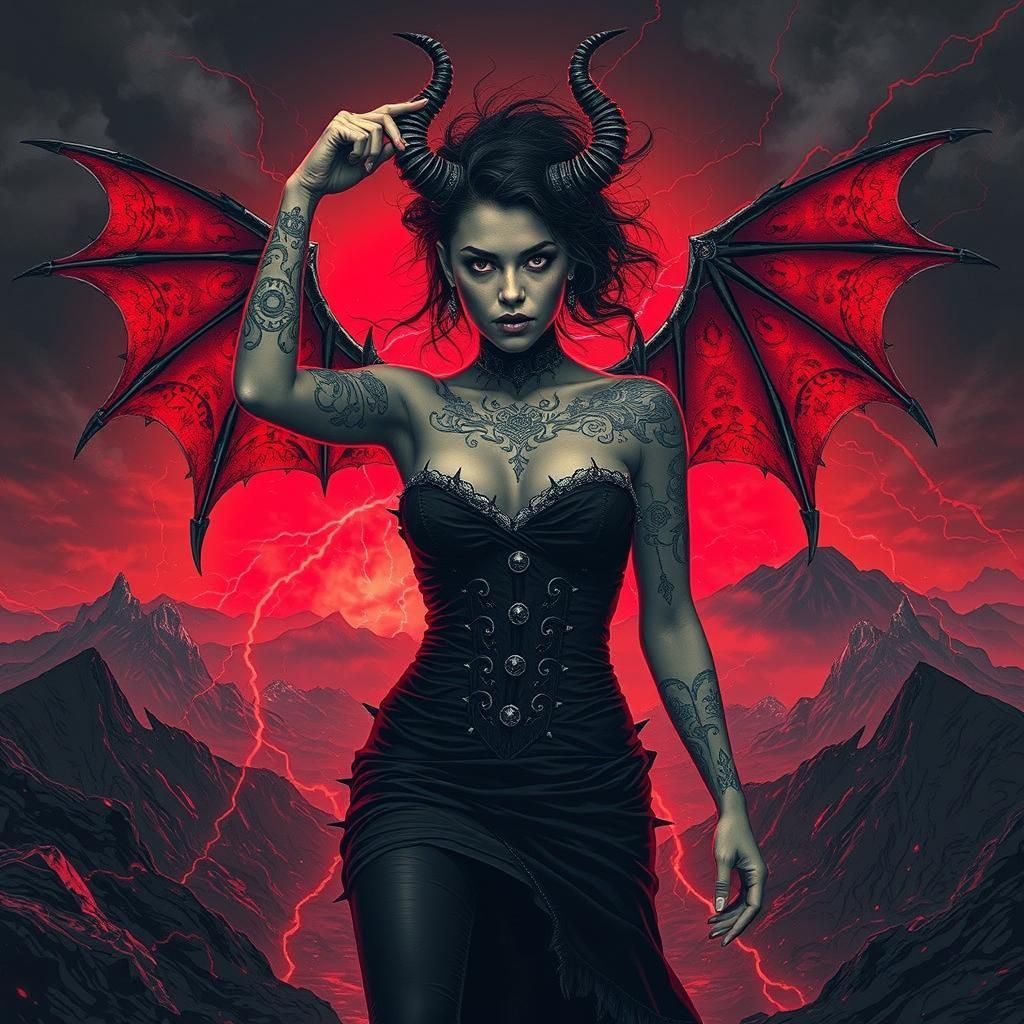 Demonic Woman Triumphant Over Volcanic Landscape