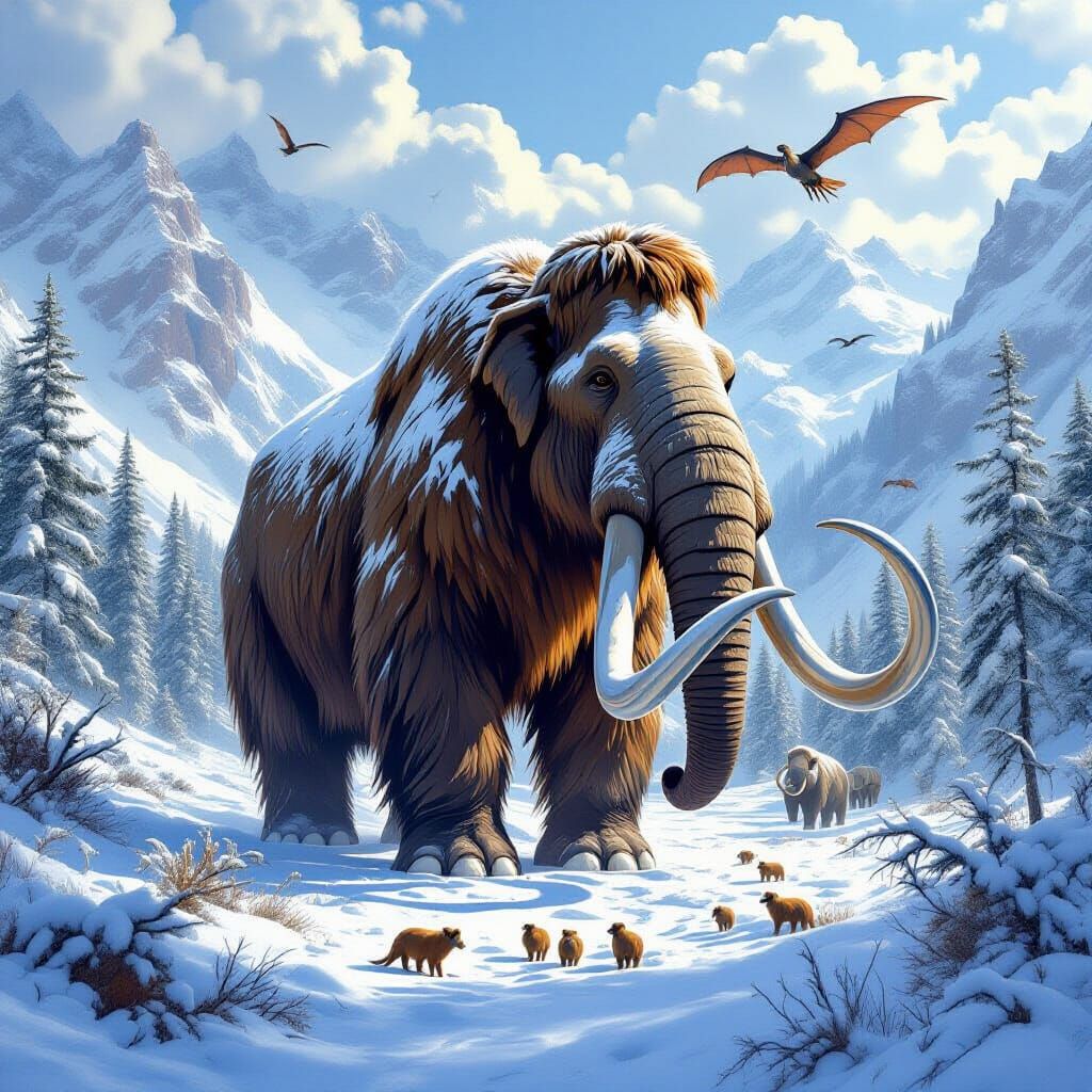 imagine a towering woolly mammoth walking peacefully in a snowy, prehistoric valley, with ancient trees surrounding it. ...