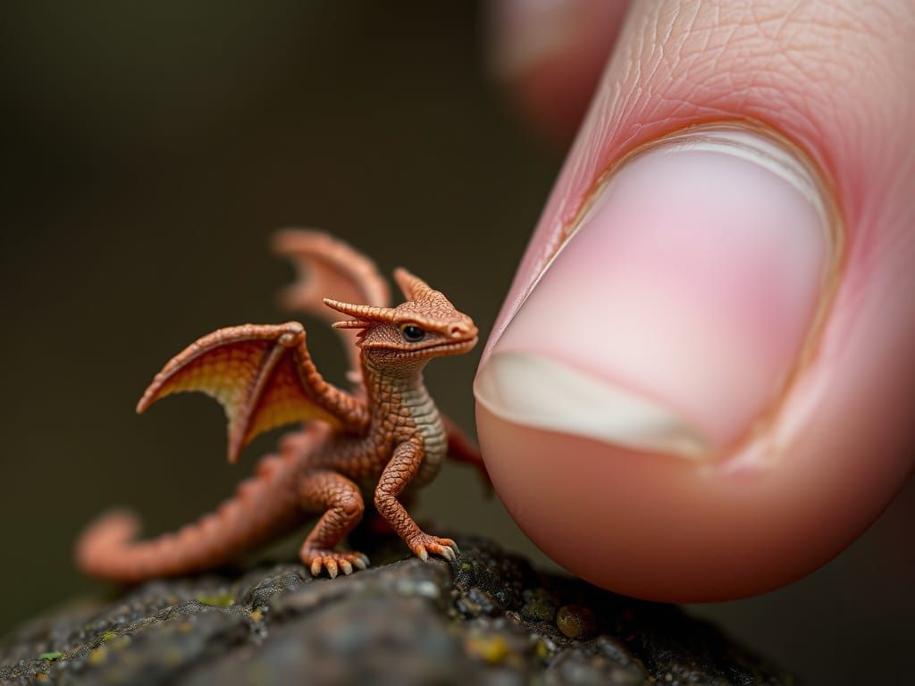 Miniature Dragon Next to Giant Fingertip with Tilt-Shift