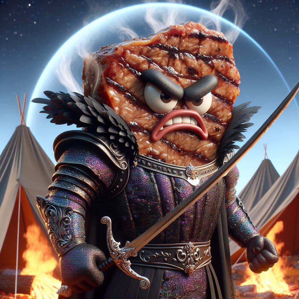 Angry Steak Warrior in Rococo Armor, Photorealistic Image