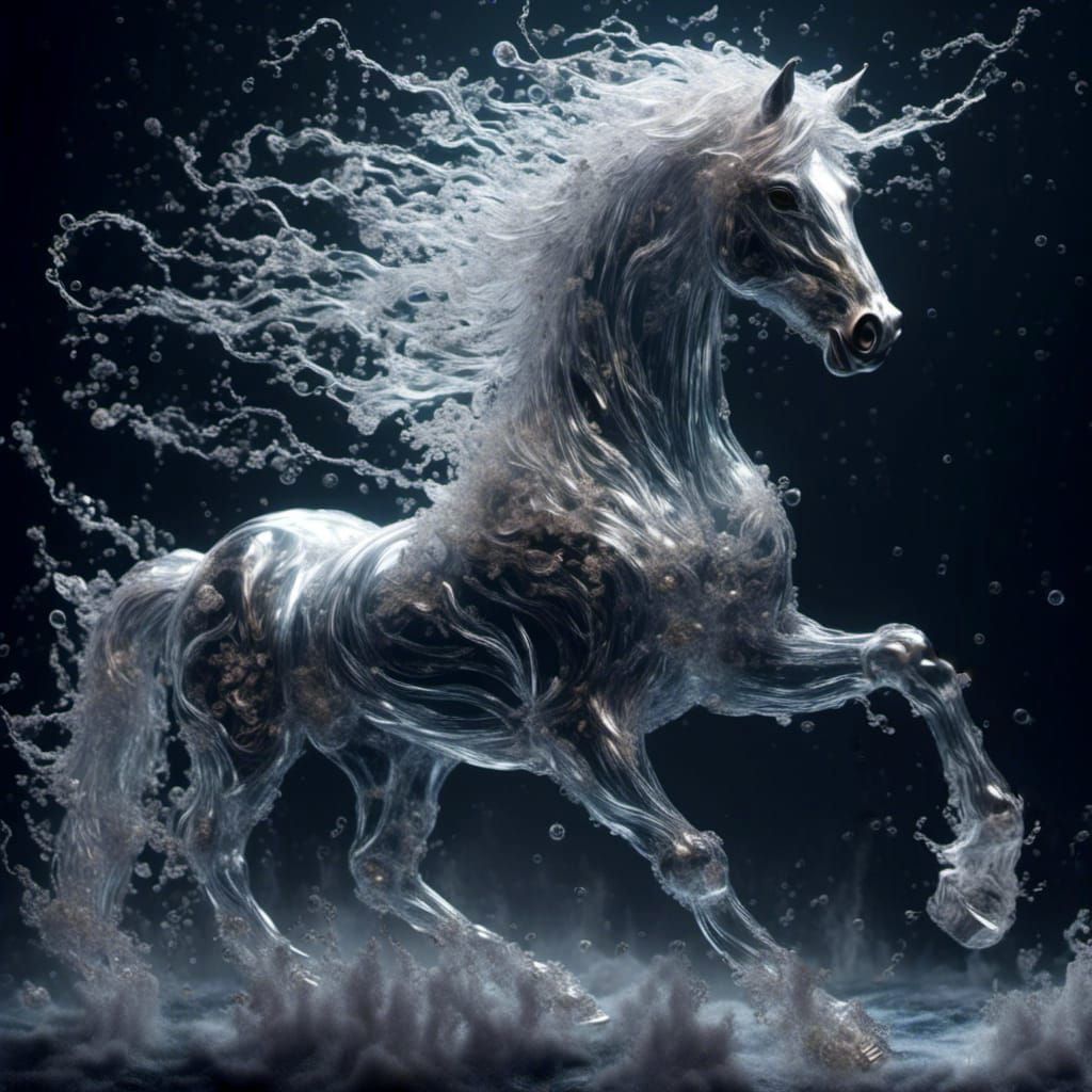Powerful Black Horse with Silver Trail, Hyperrealistic Art