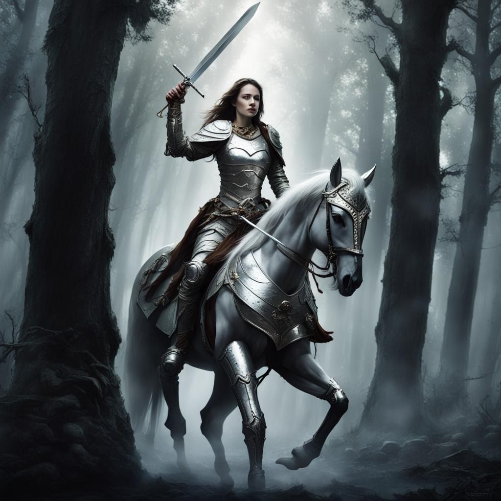Armored Woman Warrior Rides Through Dark Forest