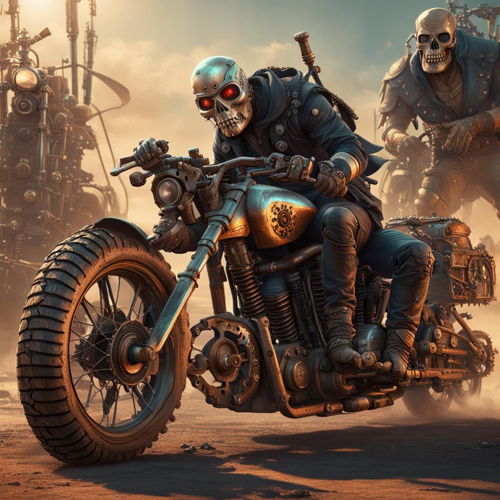 Steampunk Lich Motorbike Gang in Matte Painting Style