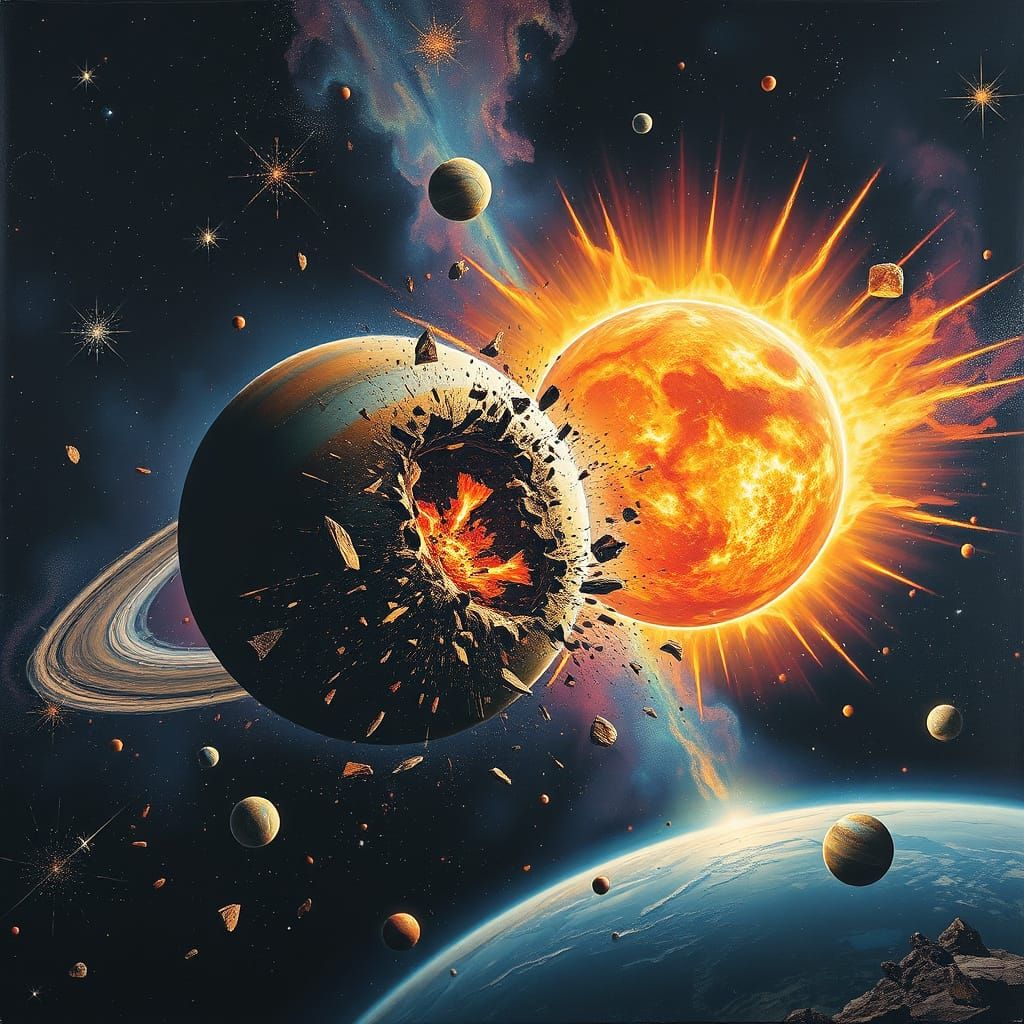 Cosmic Collision in a Giger-Inspired, Sci-Fi Aesthetic