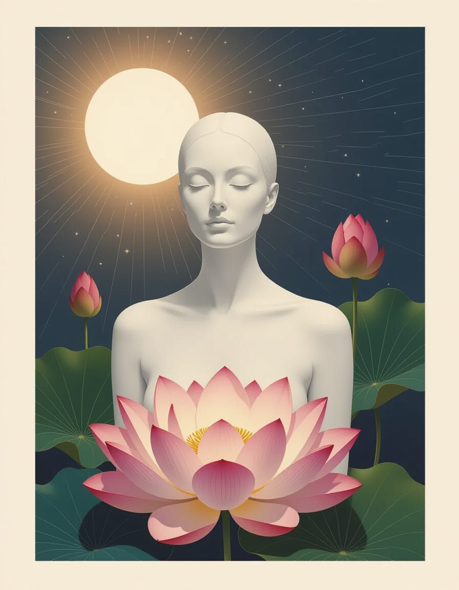 Serene Woman with Lotus in Ethereal Light, Dreamlike Symboli...