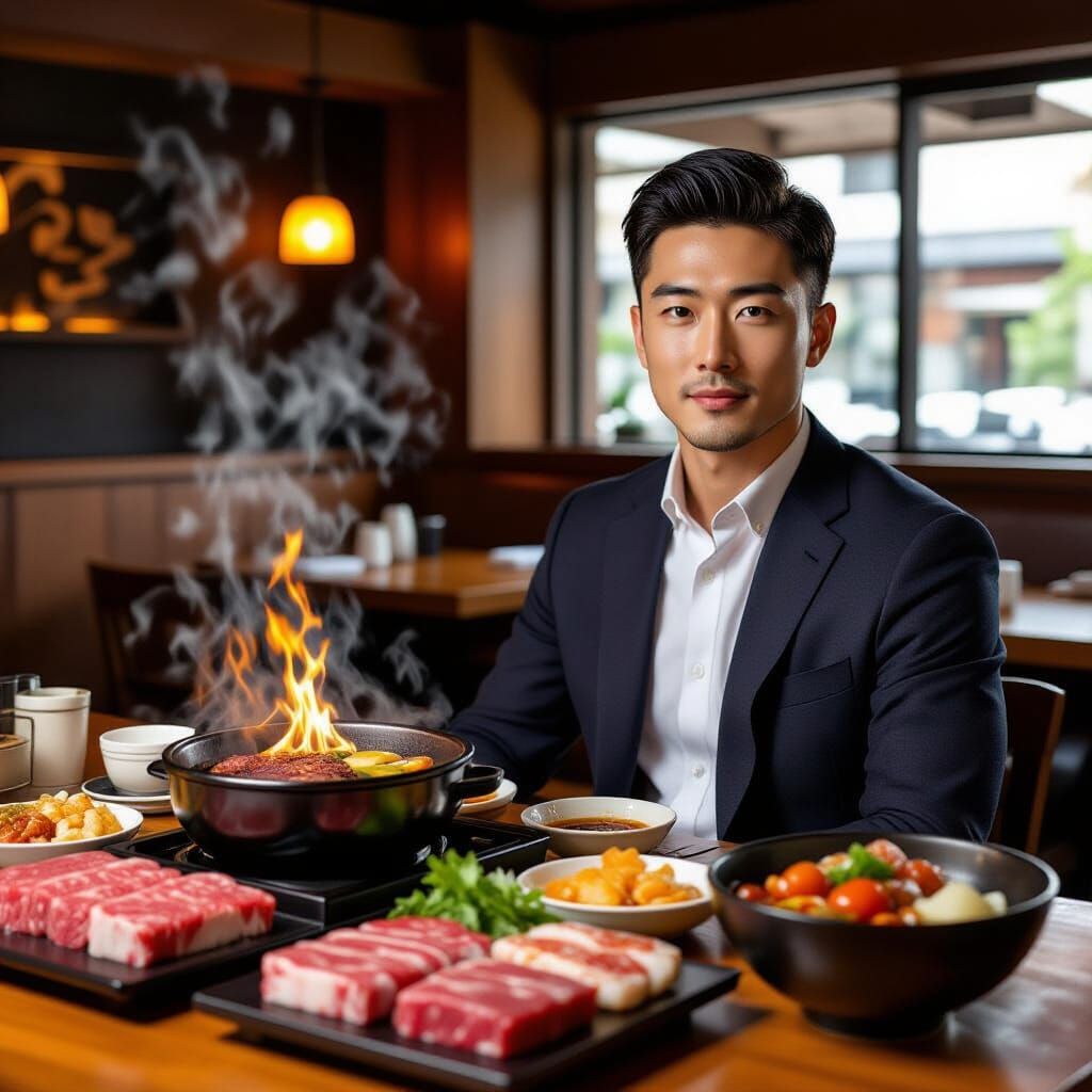 Japanese BBQ & Hot Pot Restaurant Interior with Couple