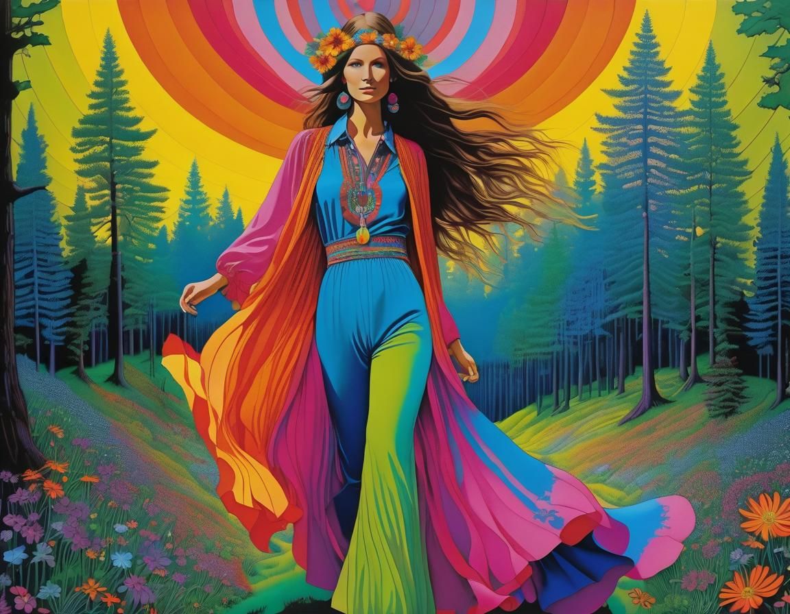 Psychedelic Hippie Girl in Enchanted Forest Art