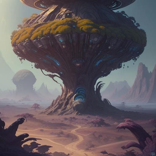 Alien Planet with Strange Fruit Plants in Detailed Matte Pai...