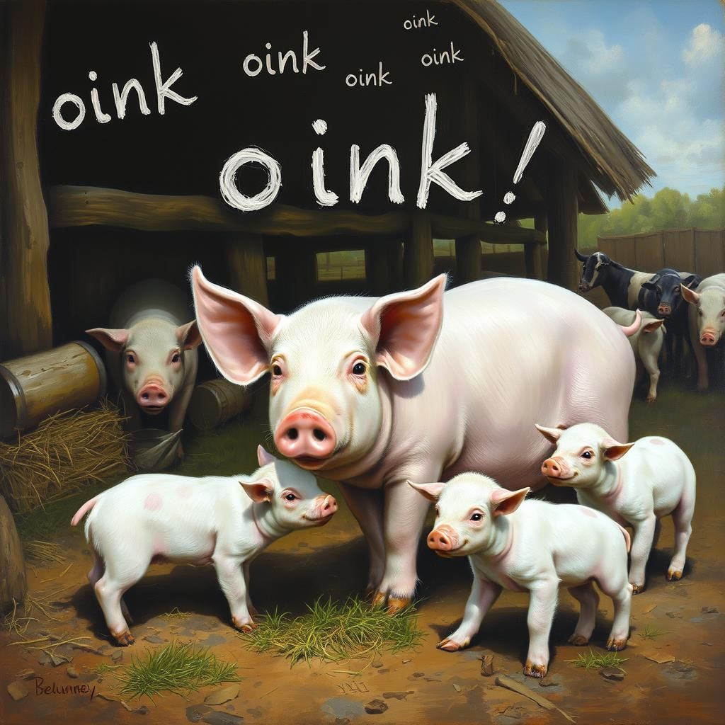Pig and Piglets in Farmyard, Oil Painting Style