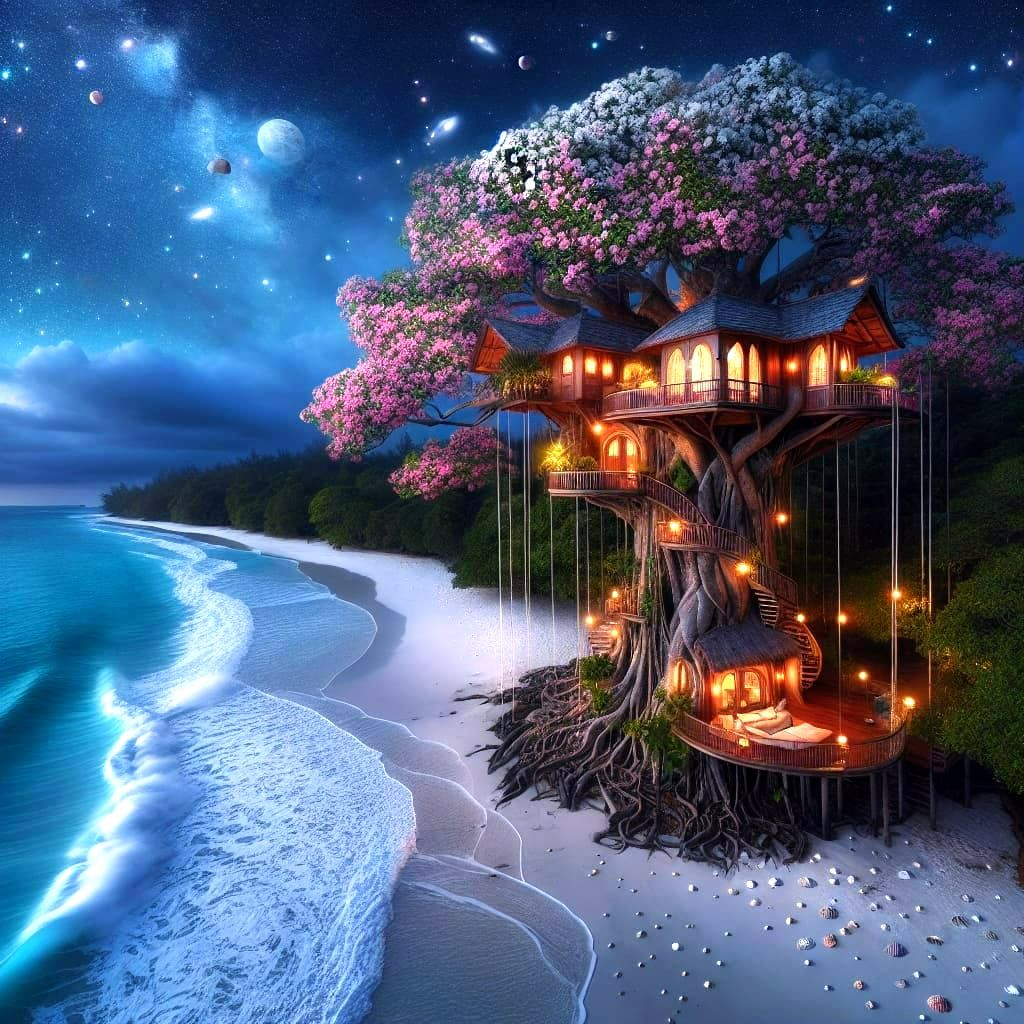 Elven Tree House Amidst Tropical Bloom