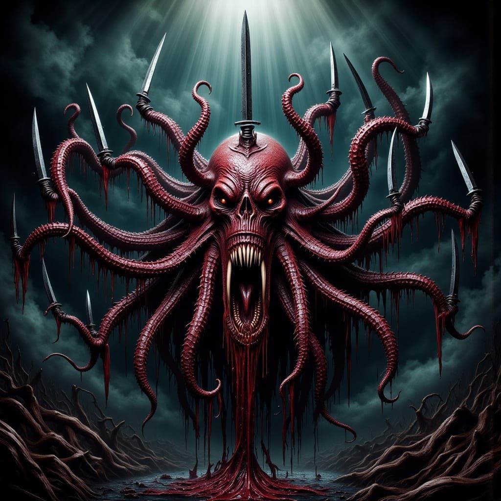 a horrific octopus type monster with bloody knives at the en...